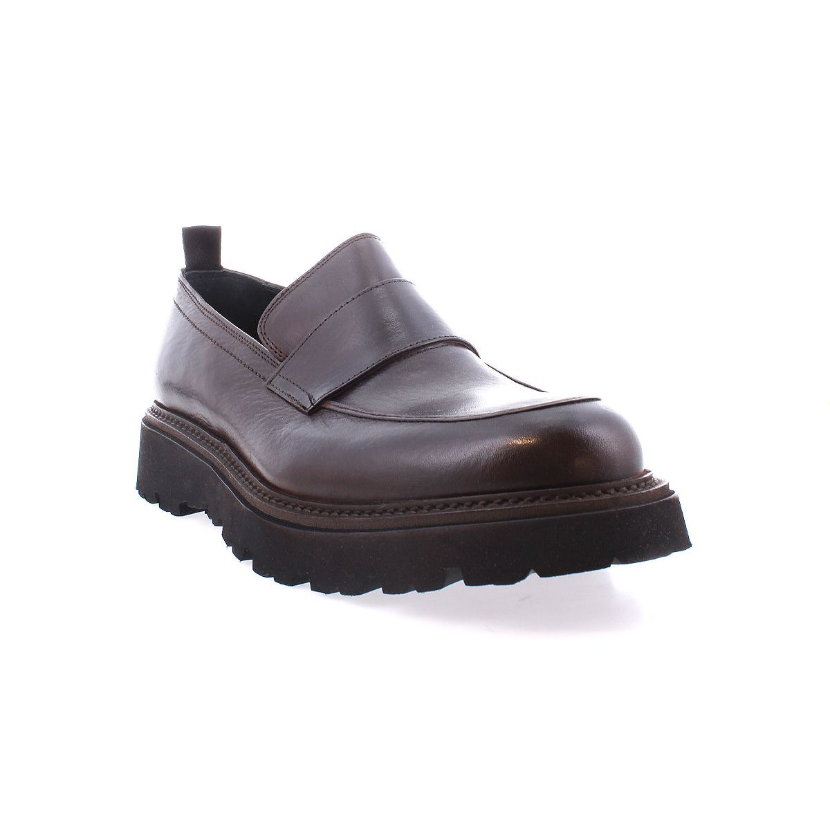 The Costruito by Bed|Stü is an Italian-made brown leather penny loafer, crafted from premium vegetable-tanned leather, and features a chunky Livetech outsole, low heel, and a plain strap across the upper. Shown against a white background.