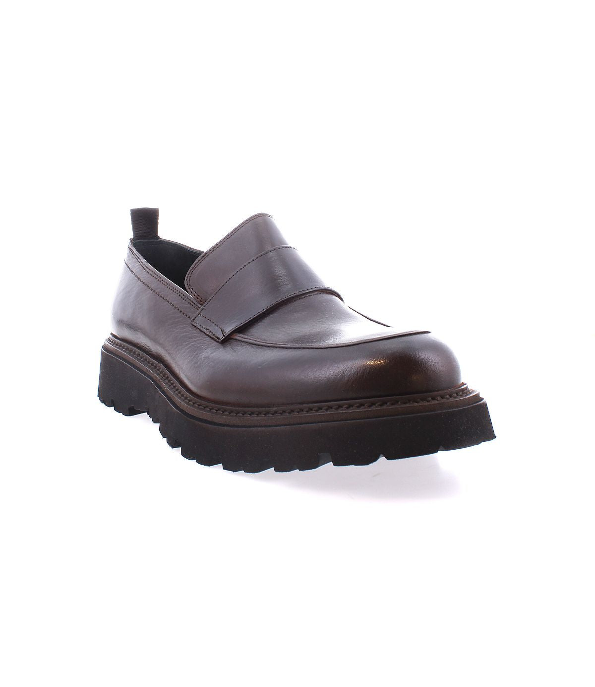 The Costruito by Bed|Stü is an Italian-made brown leather penny loafer, crafted from premium vegetable-tanned leather, and features a chunky Livetech outsole, low heel, and a plain strap across the upper. Shown against a white background.