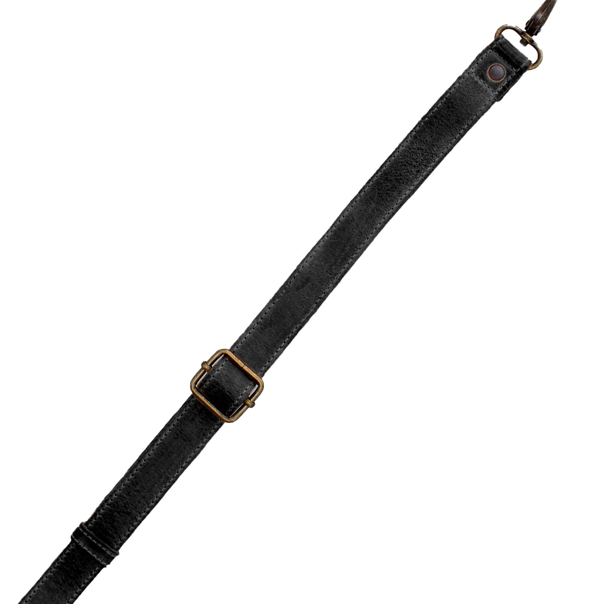 The Bed|Stü Crossbody Strap is a black adjustable leather strap with a metal buckle and clip, ideal for use with Bed|Stü bags as a crossbody. Shown on a white background.