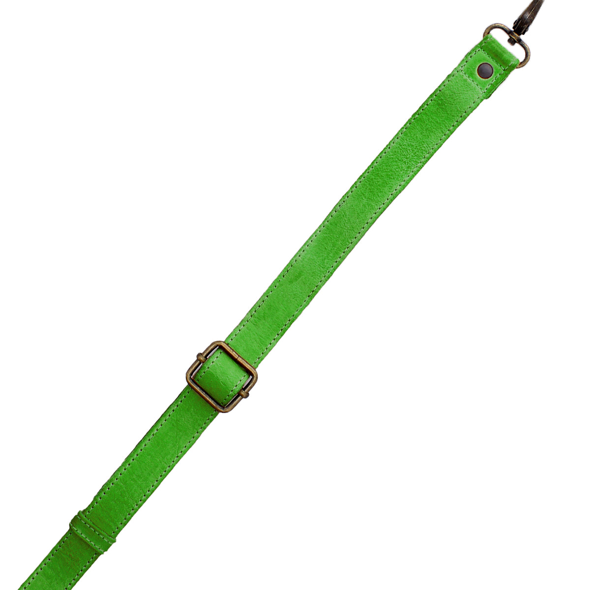 A vibrant green Crossbody Strap by Bed|Stü, crafted from adjustable leather and featuring a metal buckle and clasp, is displayed against a white background—ideal for crossbody wear or pairing with your favorite Bed|Stü bags.