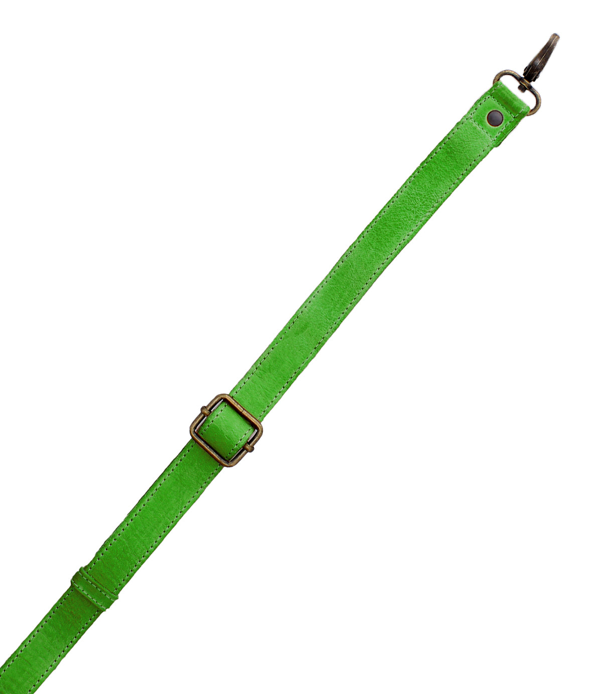 A vibrant green Crossbody Strap by Bed|Stü, crafted from adjustable leather and featuring a metal buckle and clasp, is displayed against a white background—ideal for crossbody wear or pairing with your favorite Bed|Stü bags.