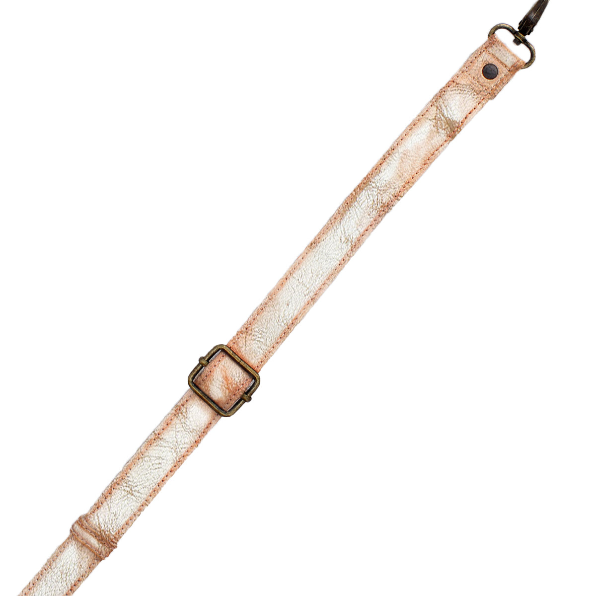 Bed|Stü Crossbody Strap in metallic gold leather with an adjustable buckle and a clasp at one end, ideal for Bed|Stü bags or as a crossbody accessory, shown on a white background.