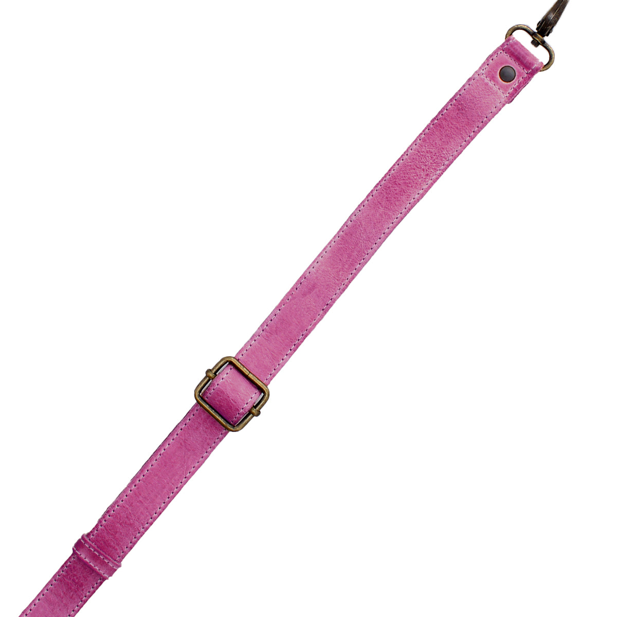 The Bed|Stü Crossbody Strap features an adjustable pink fabric design with a brass-colored buckle and a metal clasp at one end, making it the perfect accessory for pairing with Bed|Stü bags as a crossbody, shown isolated on a white background.