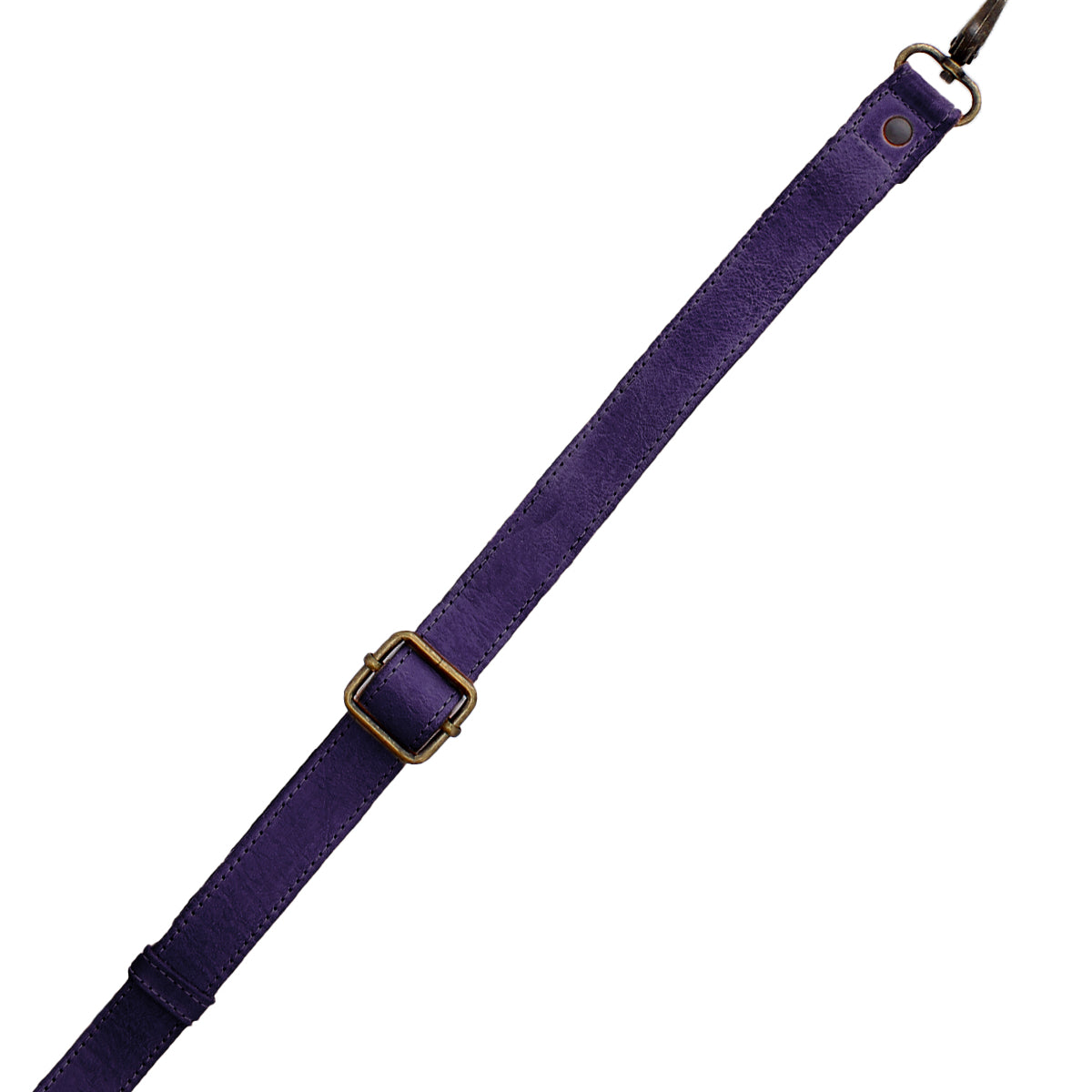 A purple adjustable leather Crossbody Strap by Bed|Stü, featuring a metal buckle and clasp, ideal for Bed|Stü bags or as a crossbody accessory, shown against a white background.