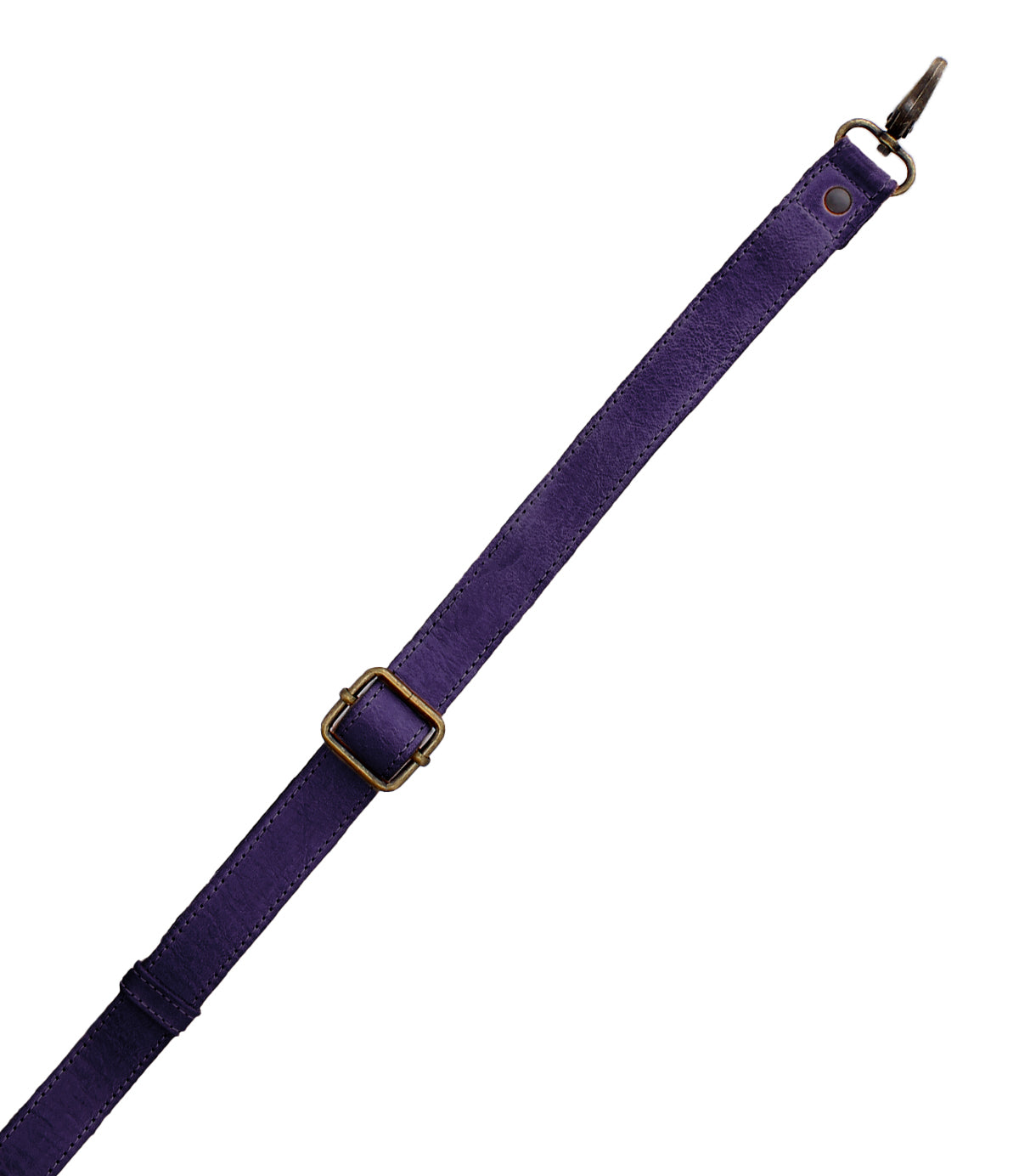 A purple adjustable leather Crossbody Strap by Bed|Stü, featuring a metal buckle and clasp, ideal for Bed|Stü bags or as a crossbody accessory, shown against a white background.