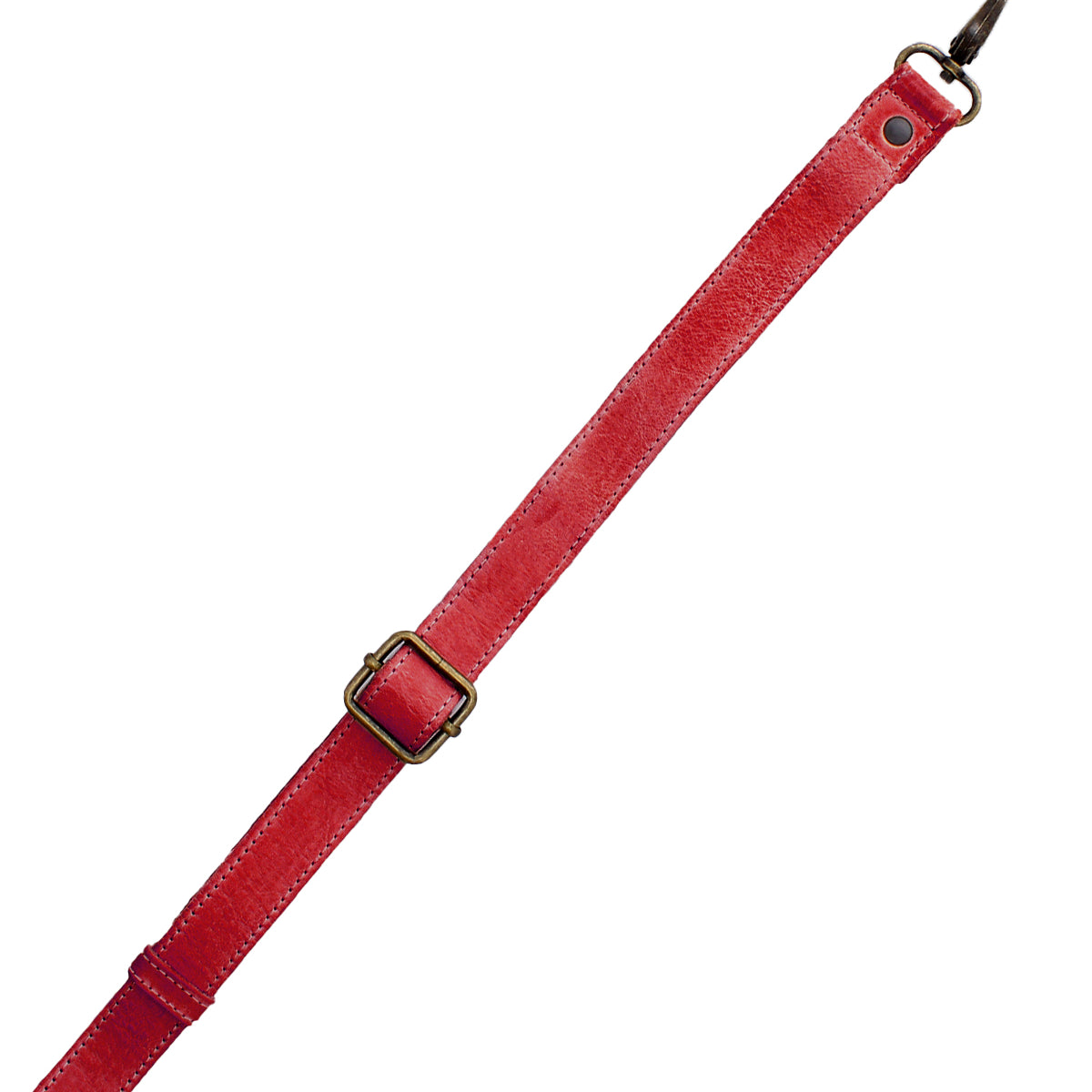A red leather Crossbody Strap by Bed|Stü, featuring an adjustable length with a metal buckle and clasp, serves as a perfect replacement for Bed|Stü bags or any crossbody and is photographed on a white background.