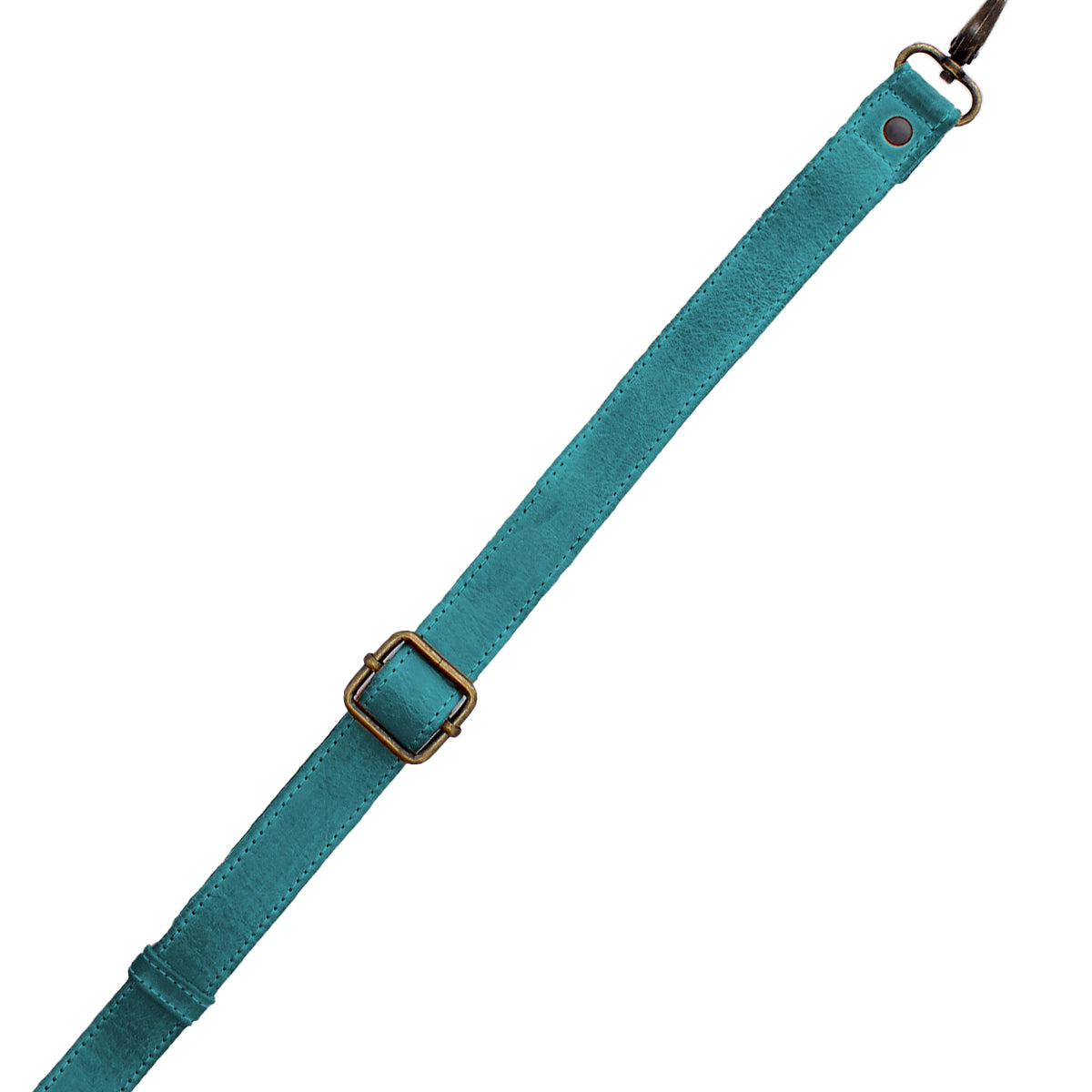 The Bed|Stü Crossbody Strap features a teal fabric strap with an adjustable brass buckle and a metal clasp on one end, making it perfect as a crossbody accessory or a replacement strap for your Bed|Stü bags. Shown on a white background.
