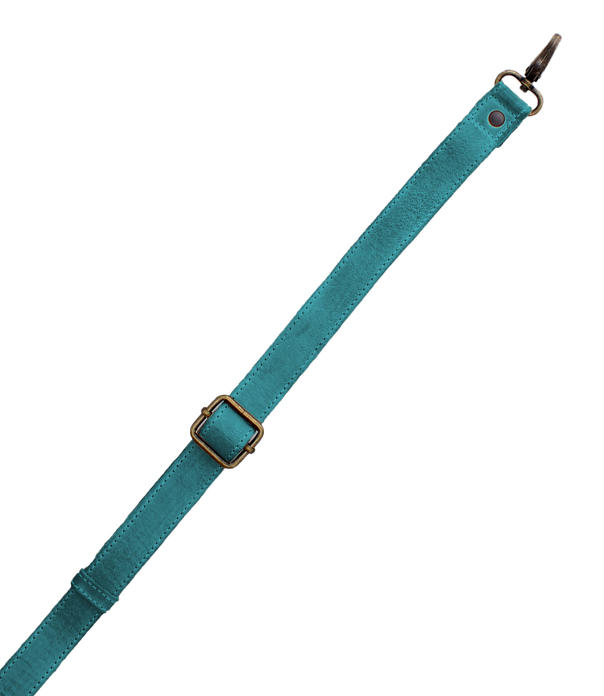 The Bed|Stü Crossbody Strap features a teal fabric strap with an adjustable brass buckle and a metal clasp on one end, making it perfect as a crossbody accessory or a replacement strap for your Bed|Stü bags. Shown on a white background.