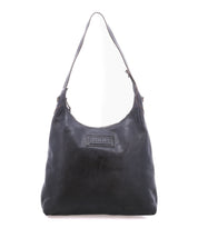 The Bed|Stü Dallas LTC is a black leather shoulder bag featuring a wide strap and a prominent brand logo patch on the front, making it an ideal concealed carry accessory for Dallas LTC holders; shown photographed against a white background.