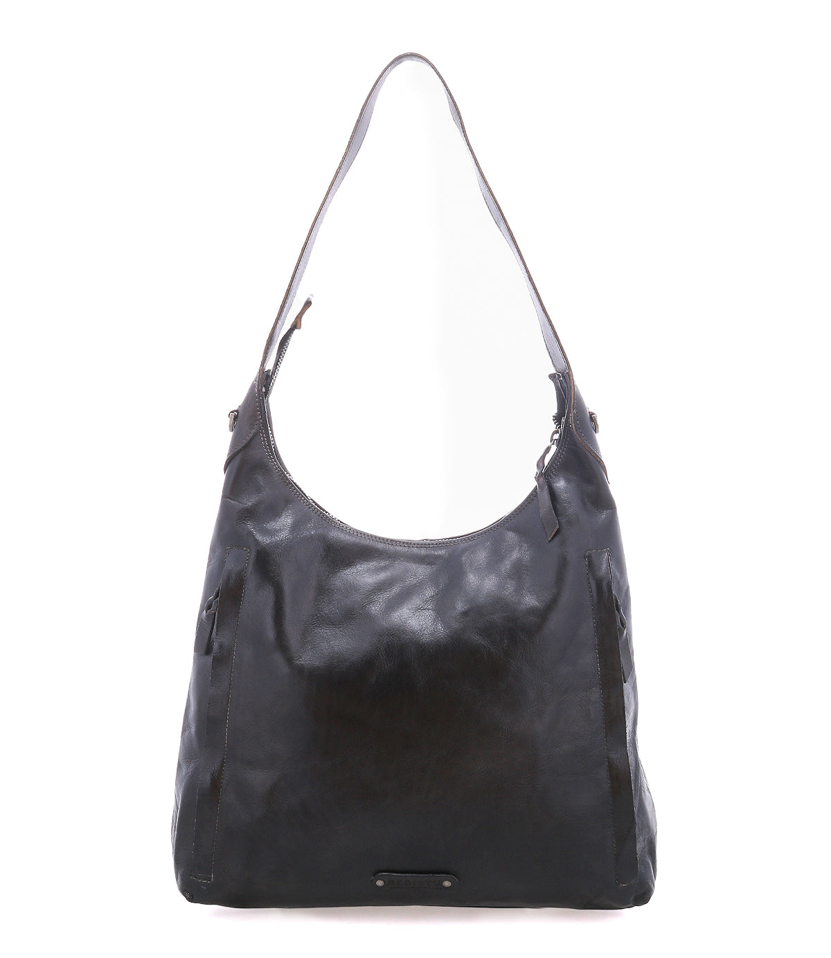 The Bed|Stü Dallas LTC is a black leather shoulder bag featuring a single strap, zippered top, and front pocket accents, designed as a stylish concealed carry bag and displayed against a white background.