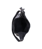 Top view of an open Bed|Stü Dallas LTC black leather shoulder bag with a zipper, displaying its empty interior and a single visible handle against a white background—ideal as a stylish yet practical concealed carry bag for LTC holders in Dallas.