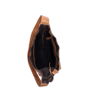 Top view of the Bed|Stü Dallas LTC, an open brown leather concealed carry shoulder bag featuring a visible inner zipper pocket and a spacious compartment, shown against a white background.