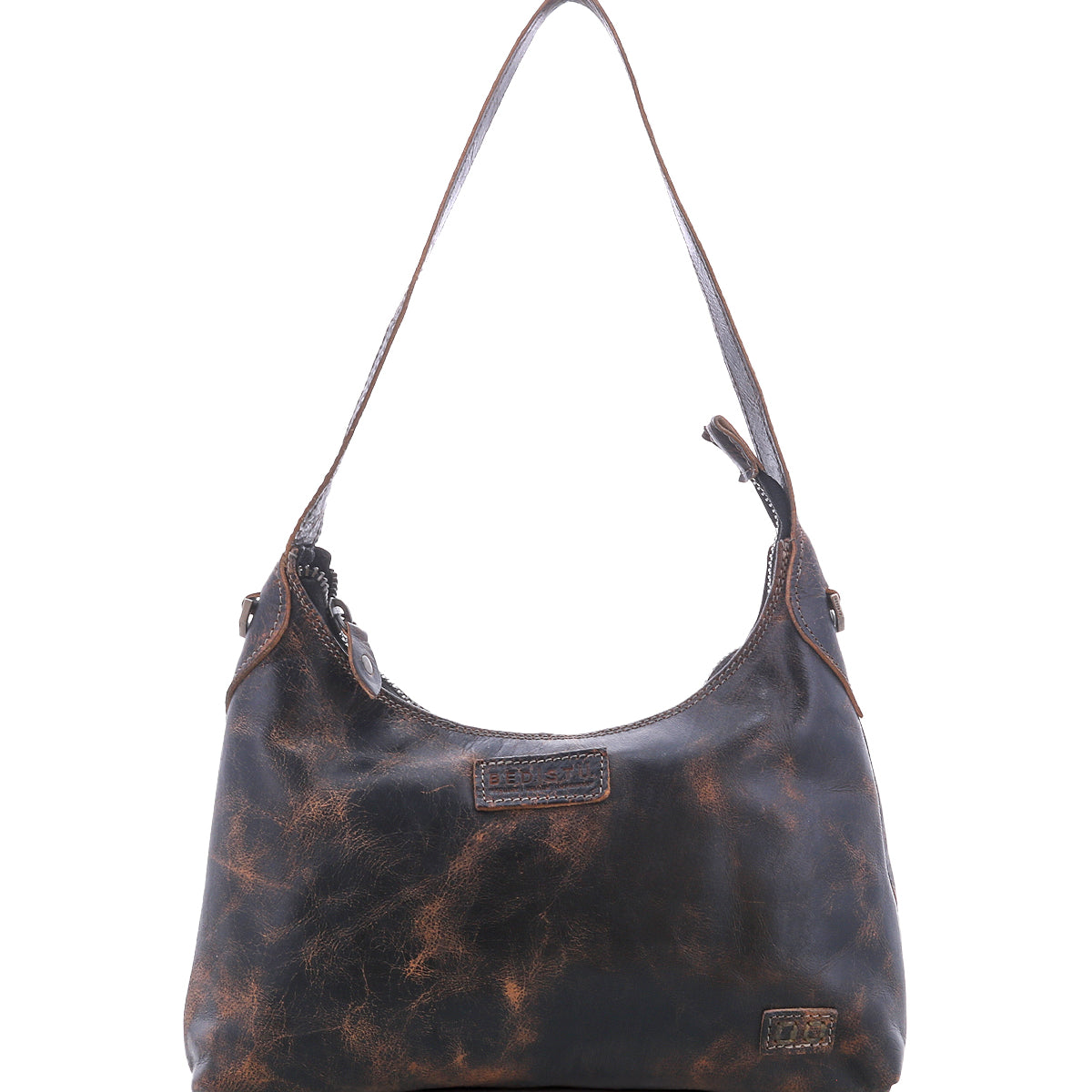 The Denton by Bed|Stü is a small, dark brown shoulder bag crafted from distressed vegetable-tanned leather. It features a single strap, two small side buckles, and a rectangular Bed|Stü logo patch on the front. The bag has a zip-top closure and is shown against a white background.