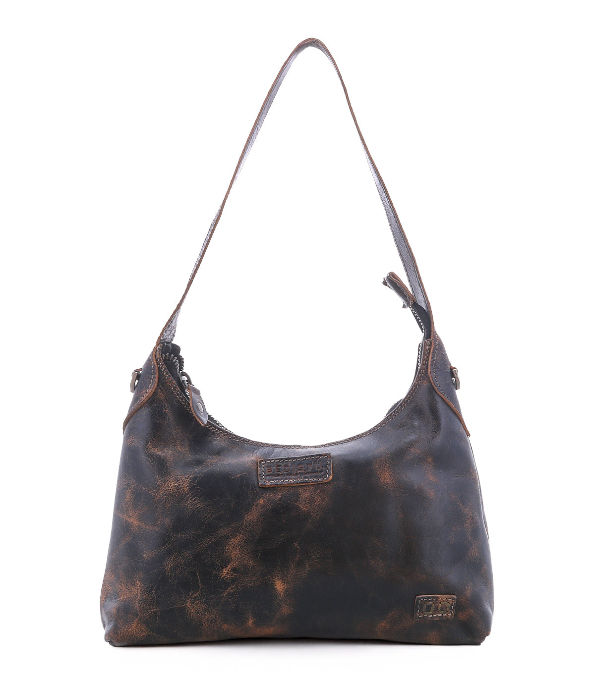 The Denton by Bed|Stü is a small, dark brown shoulder bag crafted from distressed vegetable-tanned leather. It features a single strap, two small side buckles, and a rectangular Bed|Stü logo patch on the front. The bag has a zip-top closure and is shown against a white background.
