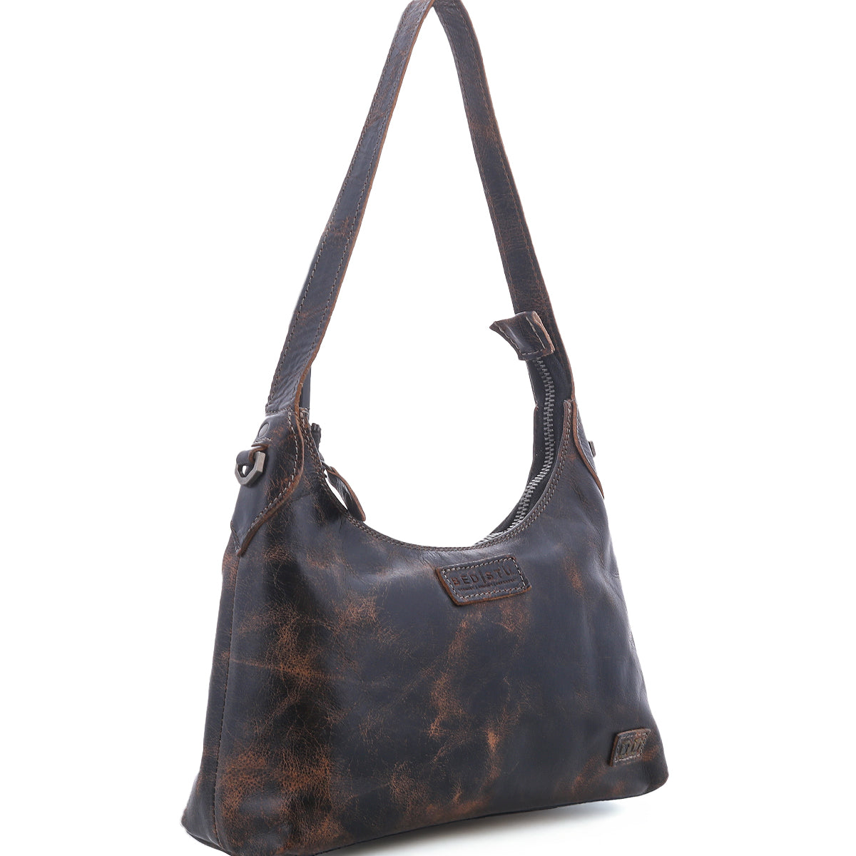 The Denton by Bed|Stü is a distressed brown vegetable-tanned leather shoulder bag featuring a single strap, zip-top closure, and visible stitching, shown against a white background.