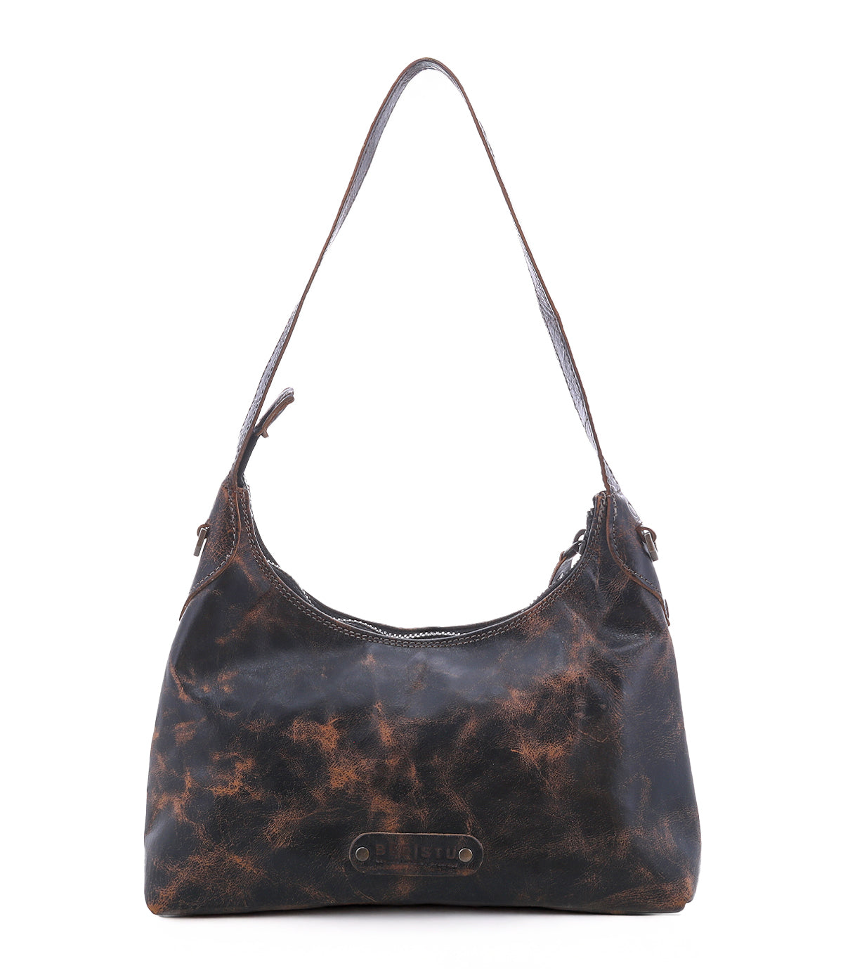 The Bed|Stü Denton is a brown, distressed vegetable-tanned leather shoulder bag featuring a single strap, zip-top closure, and a front logo patch, shown against a white background.