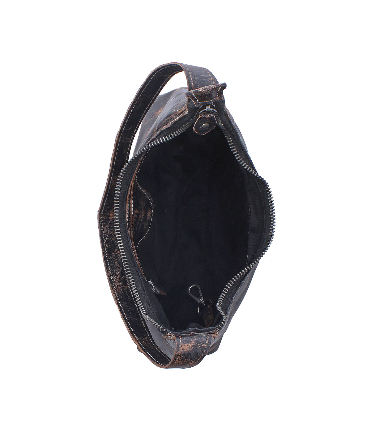 Top view of an open Bed|Stü Denton bag made from vegetable-tanned leather, featuring a handle, zip-top closure, and an interior hook, showing the empty inside against a white background.
