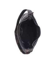Top view of an open Bed|Stü Denton bag made from vegetable-tanned leather, featuring a handle, zip-top closure, and an interior hook, showing the empty inside against a white background.