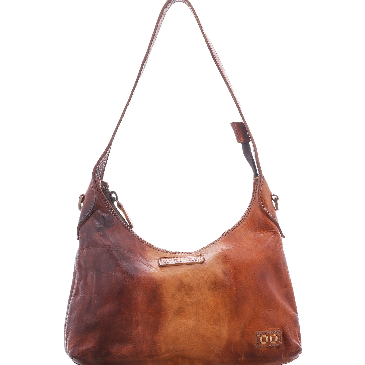 The Bed|Stü Denton is a brown, vegetable-tanned leather shoulder bag with a single strap and a slightly distressed finish. It features a zip-top closure and is photographed against a white background.