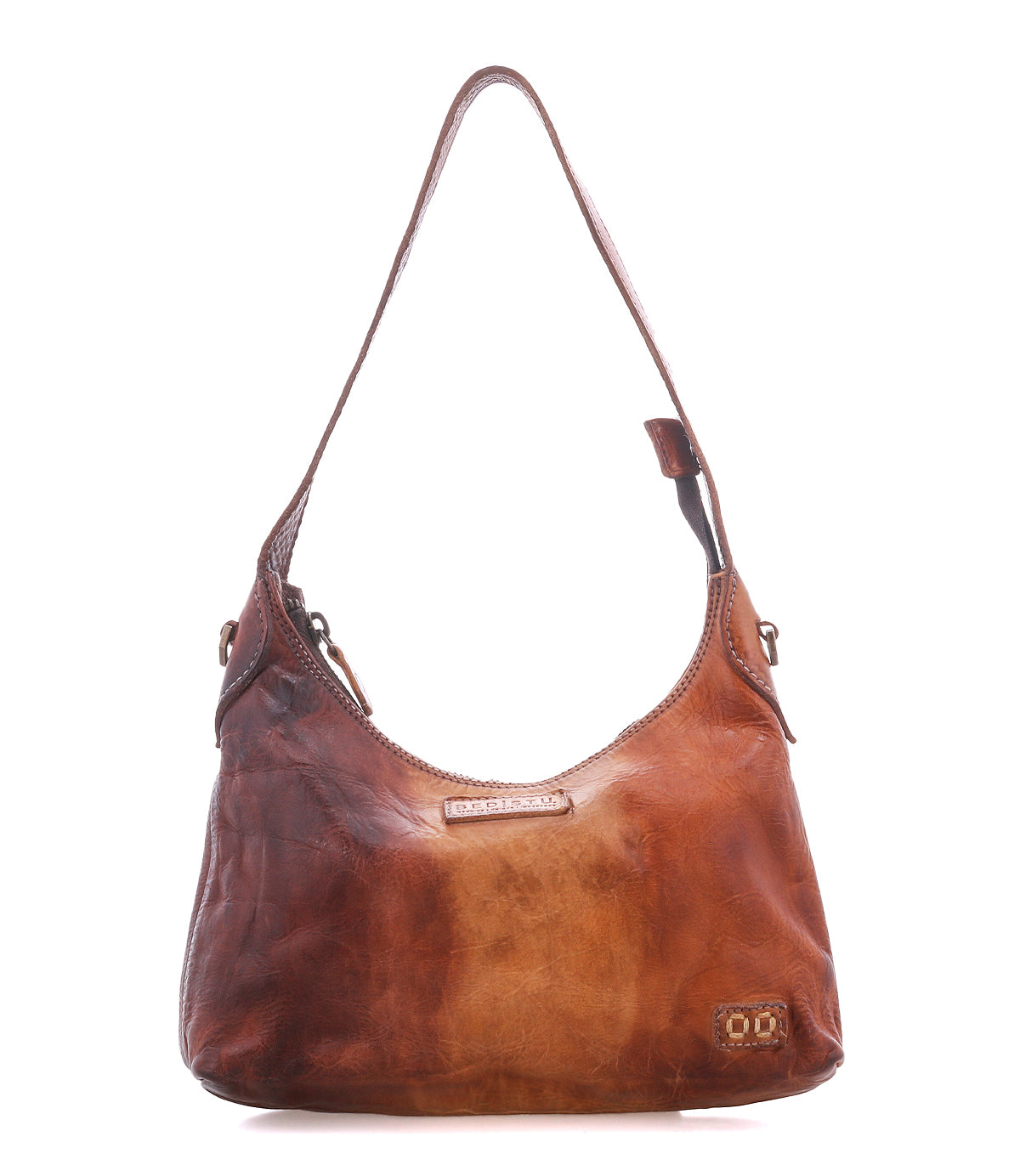 The Bed|Stü Denton is a brown, vegetable-tanned leather shoulder bag with a single strap and a slightly distressed finish. It features a zip-top closure and is photographed against a white background.