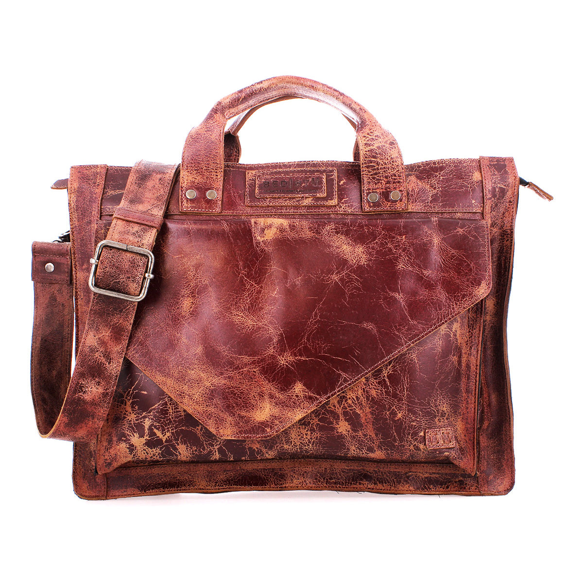 The Depp messenger bag by Bed|Stü features distressed brown leather, a top handle, front flap pocket, organized compartments, and an adjustable shoulder strap, shown against a white background.