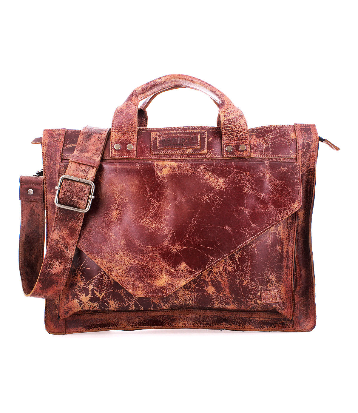 The Depp messenger bag by Bed|Stü features distressed brown leather, a top handle, front flap pocket, organized compartments, and an adjustable shoulder strap, shown against a white background.