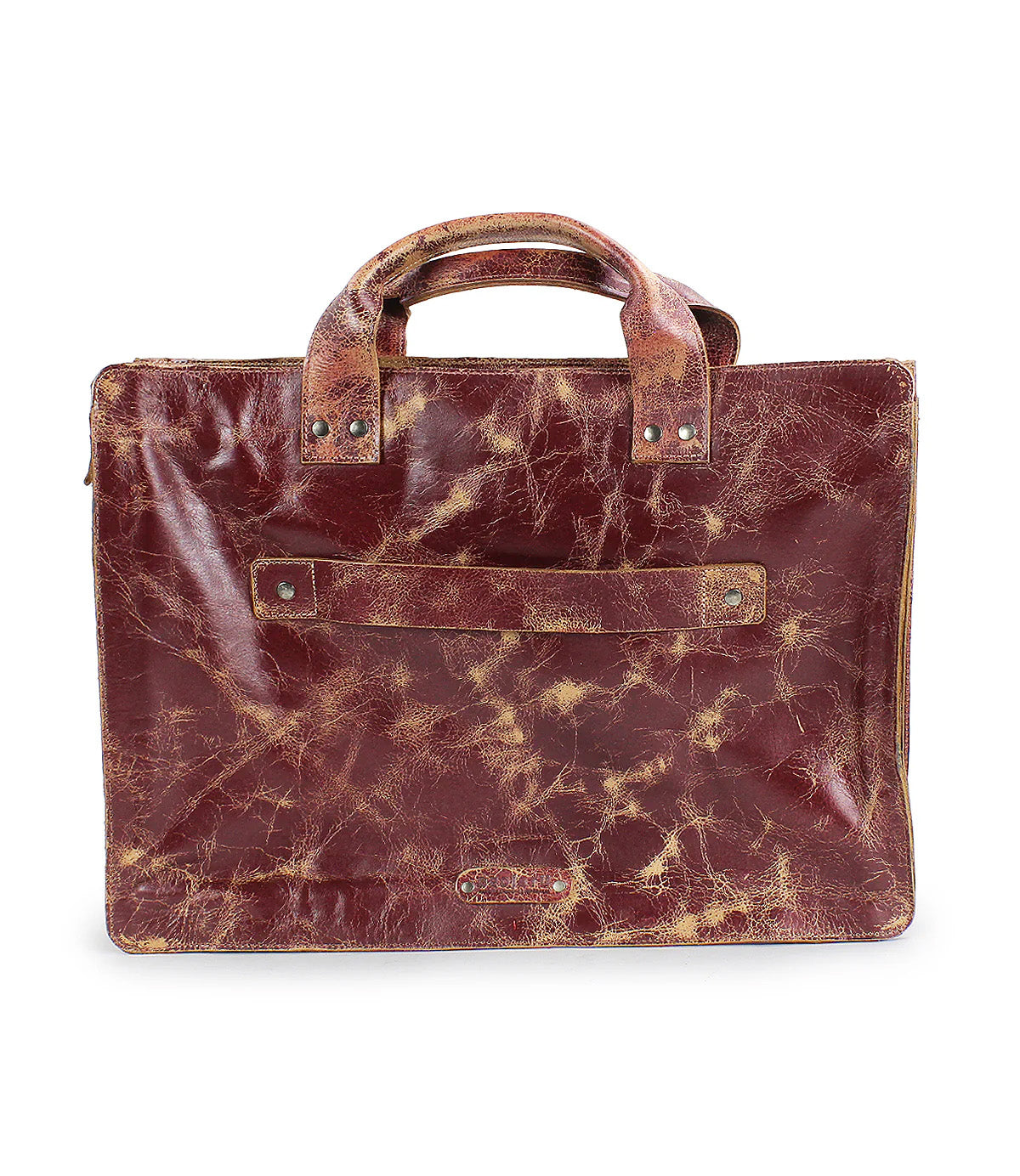 The Depp by Bed|Stü is a brown, distressed leather briefcase with short handles and a front pocket, shown against a white background. It features organized compartments to keep your essentials neatly arranged.