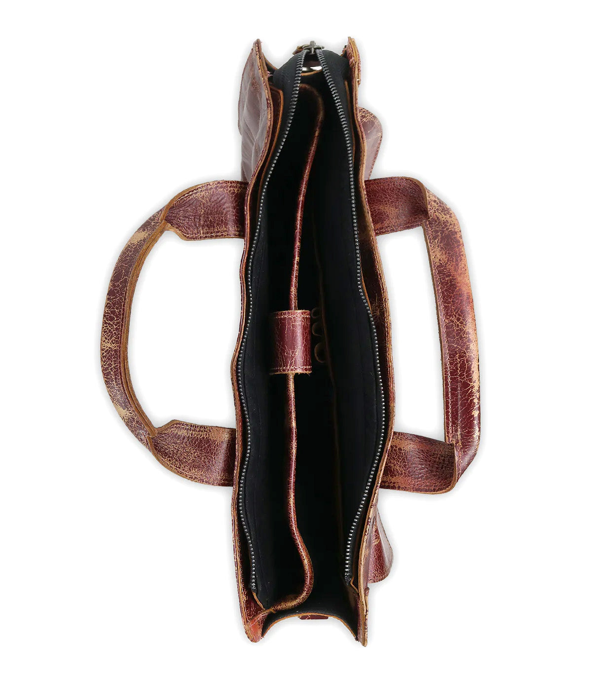 Top view of the Bed|Stü Depp open brown leather handbag with two handles, featuring organized compartments and a zipper closure. This stylish accessory seamlessly blends the classic look of a leather messenger bag with practical design elements for modern convenience.