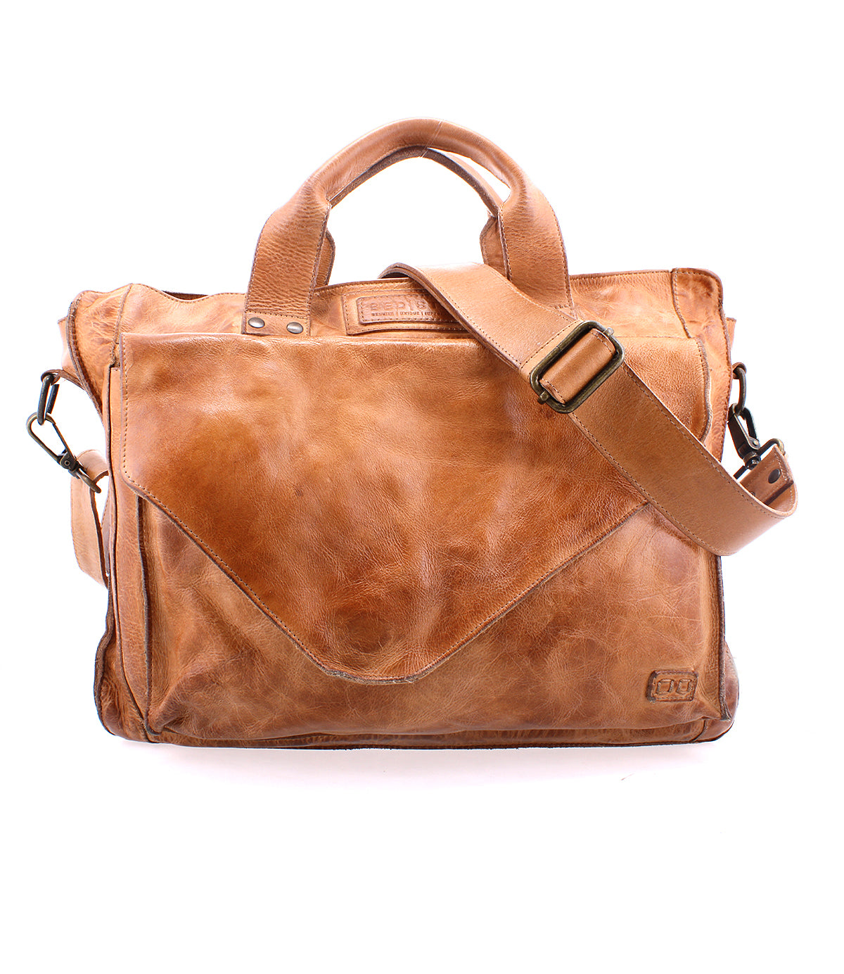 The Bed|Stü Depp messenger bag, crafted in light brown leather, features top handles, an adjustable shoulder strap, a front pocket, visible stitching, and organized compartments—all showcased against a white background.