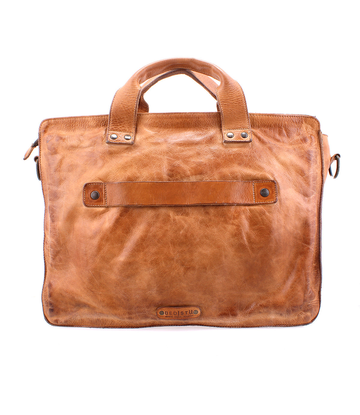 Introducing the Depp by Bed|Stü—a brown leather briefcase featuring two sturdy handles, a distinctive horizontal front strap, and eye-catching metal hardware details. Its worn, distressed finish and prominent stitching add character, while thoughtfully designed interior compartments ensure your essentials are organized and easy to access.