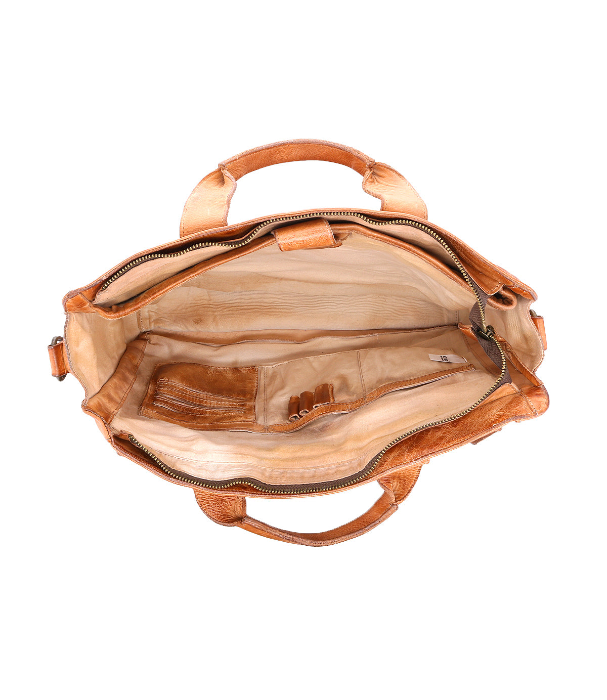 The Bed|Stü Depp brown leather messenger bag, photographed from above, displays its beige interior with organized compartments and internal pockets, and features an adjustable shoulder strap.