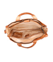The Bed|Stü Depp brown leather messenger bag, photographed from above, displays its beige interior with organized compartments and internal pockets, and features an adjustable shoulder strap.