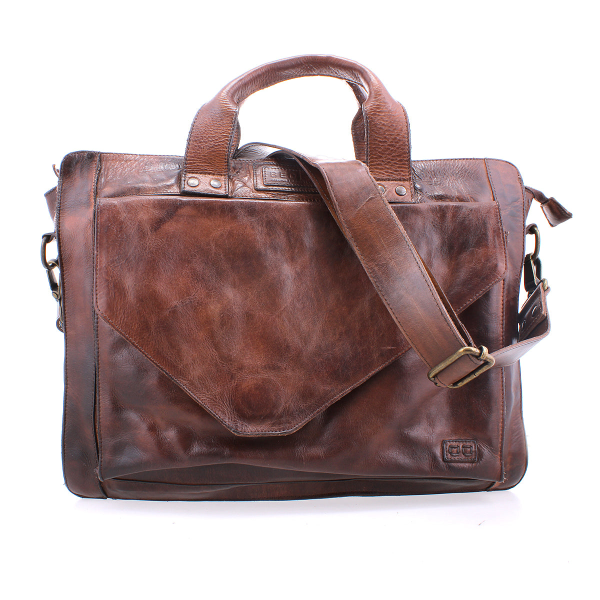 Bed|Stü's Depp is a brown leather messenger bag featuring top handles, an adjustable shoulder strap, a spacious front pocket, and organized compartments, shown against a white background.