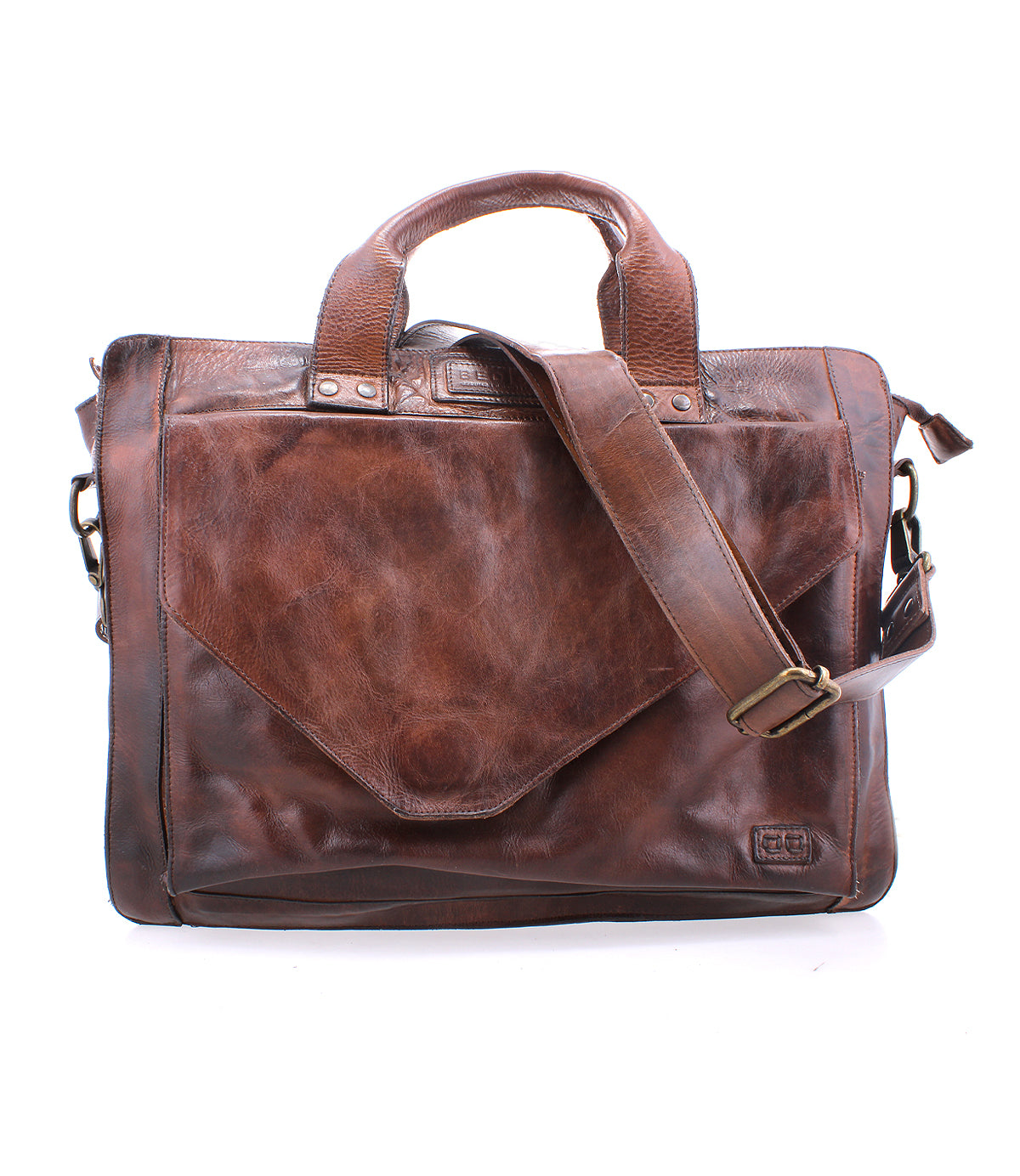 Bed|Stü's Depp is a brown leather messenger bag featuring top handles, an adjustable shoulder strap, a spacious front pocket, and organized compartments, shown against a white background.