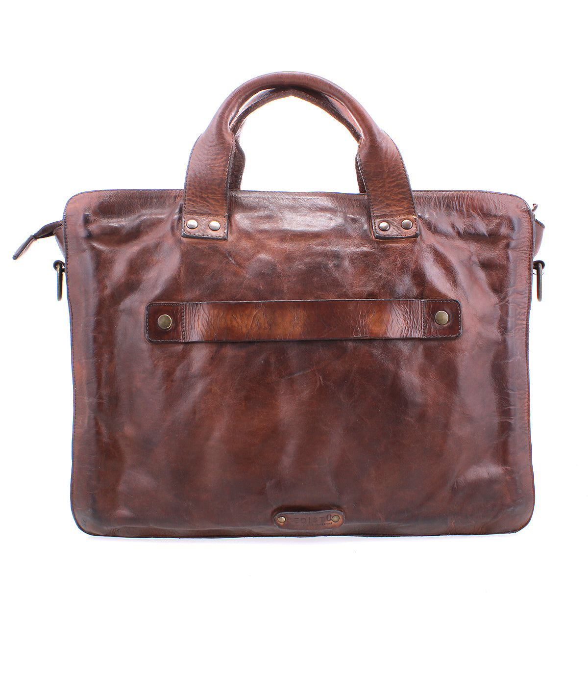 The Depp briefcase by Bed|Stü features brown leather, sturdy handles, organized compartments, and metal hardware, displayed upright against a plain white background.