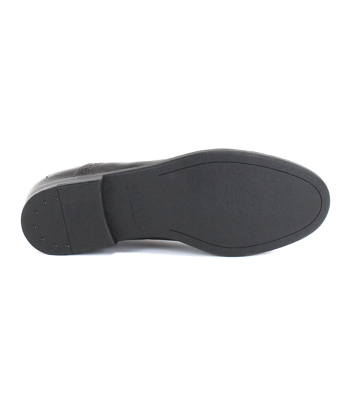 The image shows the bottom view of the Bed|Stü Donatello II oxford shoe in black, featuring a smooth, flat rubber sole with minimal tread and a small heel.