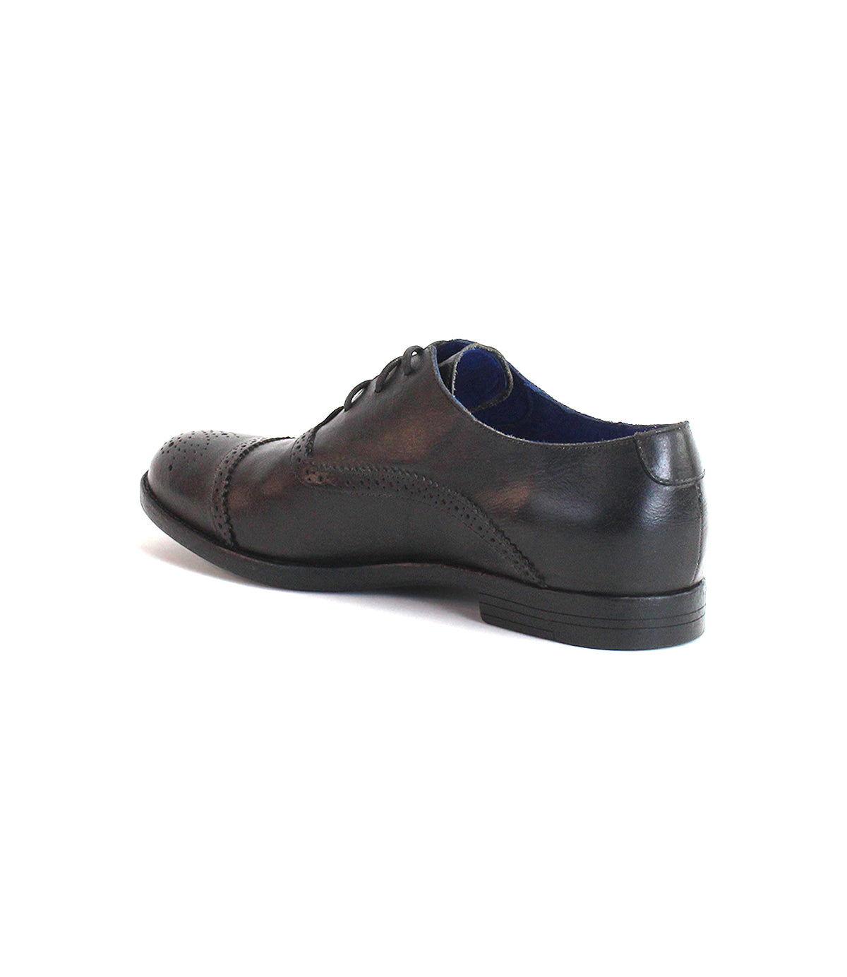 A rear side view of the Bed|Stü Donatello II, a black leather oxford featuring brogue detailing and a classic cap-toe design, set against a white background.