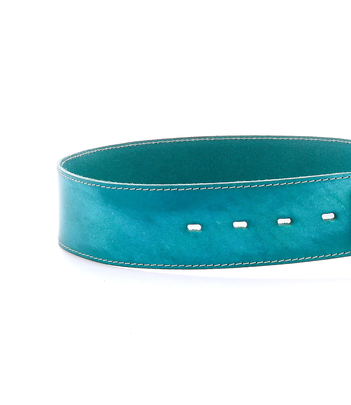A Bed|Stü Dreampath teal leather belt with white stitching and four rectangular holes, featuring an octagon metal buckle, shown on a white background.