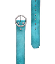 A wide turquoise genuine leather belt from Bed|Stü, called Dreampath, featuring an octagon metal buckle and rectangular holes, shown from the front and tip.