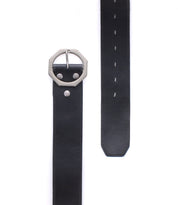 The Bed|Stü Dreampath genuine leather belt, featuring an octagon metal buckle, is shown both folded with the buckle and extended to display its punched holes.