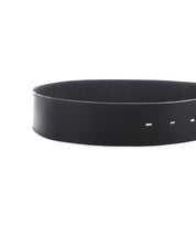 The Bed|Stü Dreampath genuine leather belt in black features multiple adjustment holes and a striking octagon metal buckle, displayed coiled on a white background.
