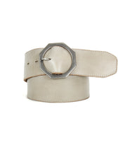 Wide beige Bed|Stü Dreampath genuine leather belt featuring an octagon metal buckle, pictured rolled up with the end looped through the buckle.
