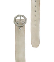 The Bed|Stü Dreampath genuine leather belt in beige features an octagon metal buckle, multiple holes for easy adjustment, and stitched edges, displayed from both front and back angles.
