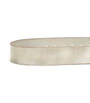 The Dreampath belt from Bed|Stü is a wide, genuine silver leather belt featuring visible stitching, an octagon metal buckle, and evenly spaced center holes.