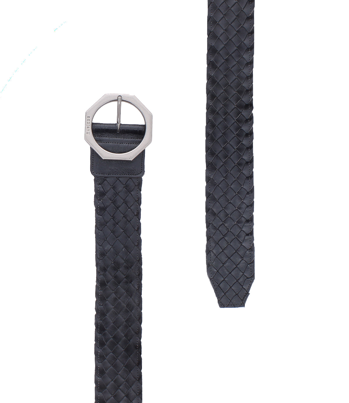 Introducing the Dreamweaver belt by Bed|Stü: a black woven leather accessory featuring a striking silver octagonal buckle, beautifully displayed from the front and tip to highlight its textured pattern and artisan craftsmanship. This versatile piece is designed to effortlessly infuse any outfit with a touch of bohemian style.