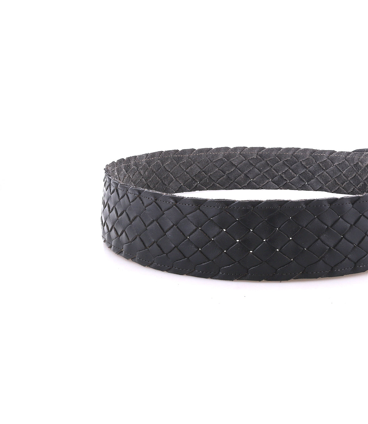 A close-up of the Bed|Stü Dreamweaver black woven leather belt, expertly showcasing artisan craftsmanship, displayed against a plain white background.