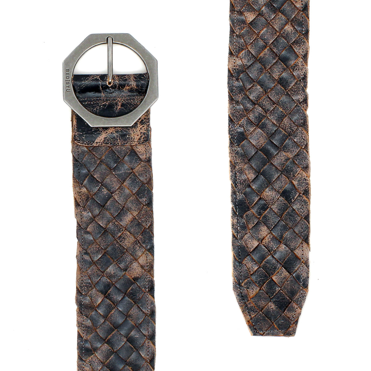 A close-up showcases the artisan craftsmanship of the Bed|Stü Dreamweaver, a dark brown woven leather belt featuring a silver octagonal buckle, displayed from both the front and side angles.