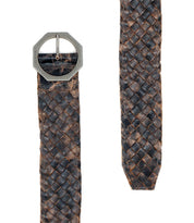 A close-up showcases the artisan craftsmanship of the Bed|Stü Dreamweaver, a dark brown woven leather belt featuring a silver octagonal buckle, displayed from both the front and side angles.