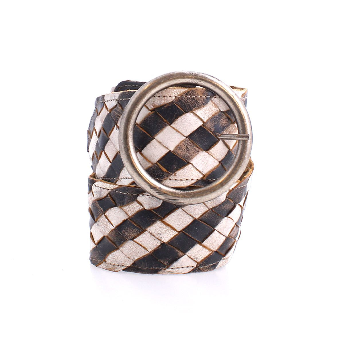The Bed|Stü Dreamweaver is a woven leather belt in a black and white checker pattern, highlighting artisan craftsmanship with a large round silver buckle, shown rolled up on a white background.