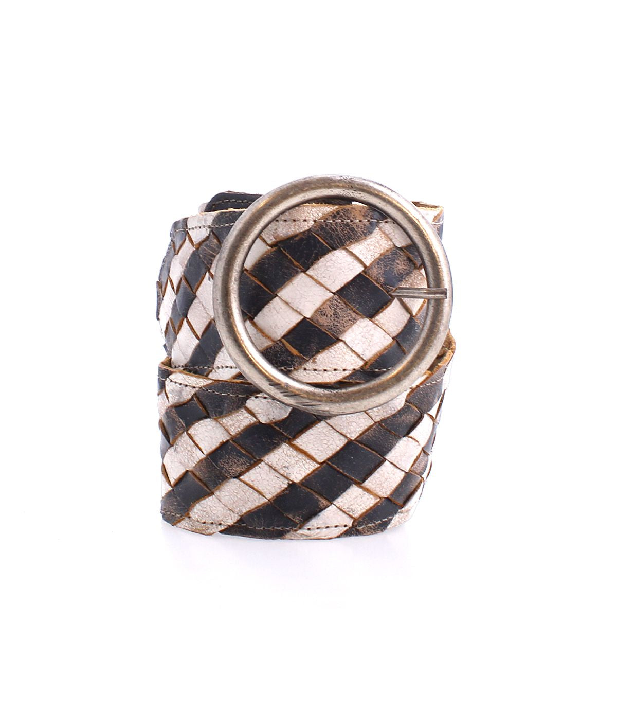 The Bed|Stü Dreamweaver is a woven leather belt in a black and white checker pattern, highlighting artisan craftsmanship with a large round silver buckle, shown rolled up on a white background.
